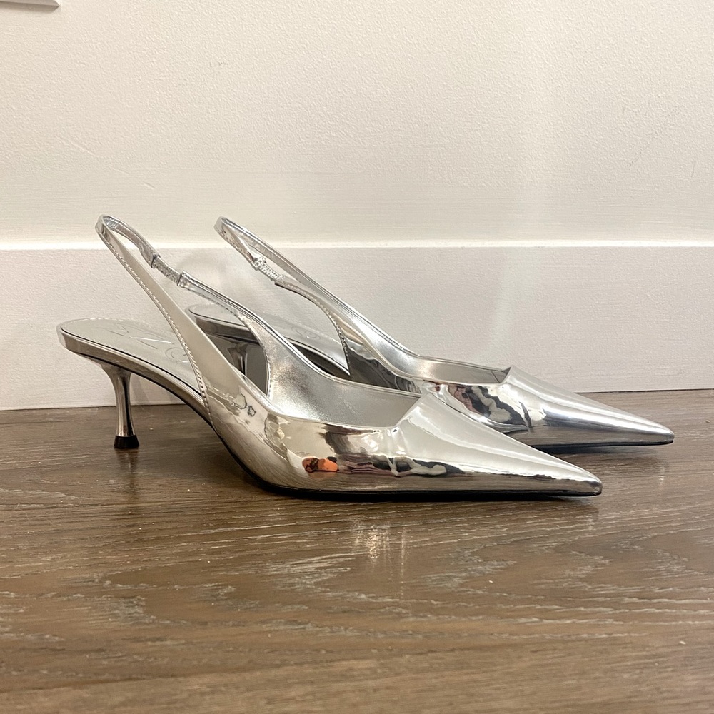 Mango metallic silver slingback kitten heels